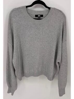 Madden NYC Womens Gray Heart Studded Ribbed Long Sleeve Oversized Sweater